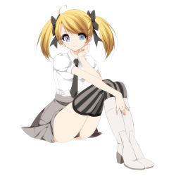 Rule 34 | 1girl, ahoge, bad id, bad pixiv id, black necktie, black ribbon, blonde hair, boots, closed mouth, collared shirt, eyebrows, full body, grey skirt, hair ribbon, hand on own cheek, hand on own face, high heel boots, high heels, highres, knee boots, knees up, legs together, long hair, mio yanagihara, necktie, original, pleated skirt, puffy short sleeves, puffy sleeves, purple eyes, ribbon, shirt, short sleeves, simple background, sitting, skirt, smile, solo, striped clothes, striped thighhighs, swept bangs, tareme, thighhighs, thighs, twintails, upskirt, vertical-striped clothes, vertical-striped thighhighs, white background, white footwear, white shirt, wing collar