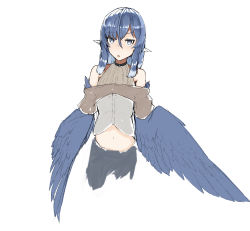 Rule 34 | 1girl, animal ears, bare shoulders, bird ears, blue feathers, blue hair, blue wings, choker, commentary request, feathered wings, feathers, grey eyes, hair between eyes, harpy, highres, long hair, midriff, miura (rnd.jpg), monster girl, navel, open mouth, original, rnd.jpg (artist), sidelocks, simple background, sketch, sleeveless, solo, white background, winged arms, wings