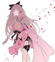 Rule 34 | 1girl, albino, armor, black bow, black panties, black ribbon, blood, bow, breasts, bridal gauntlets, cape, cleavage, clothing cutout, drag-on dragoon, drag-on dragoon 3, dress, elbow gloves, flower, flower eyepatch, flower over eye, gloves, hair bow, large breasts, long hair, looking at viewer, navel, navel cutout, panties, petals, pink dress, pink eyes, ribbon, shinzui (fantasysky7), side-tie panties, simple background, smile, solo, stomach, thigh strap, underwear, walking, white background, white gloves, white hair, zero (drag-on dragoon)