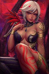 Rule 34 | 1girl, armlet, breasts, center opening, cia (hyrule warriors), cleavage, dark-skinned female, dark skin, feather trim, female focus, highres, hyrule warriors, jewelry, leg tattoo, looking at viewer, nintendo, parted lips, realistic, revealing clothes, sciamano240, short hair, silver hair, smile, solo, tattoo, the legend of zelda