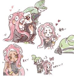 Rule 34 | 1boy, 1girl, :d, :o, ^ ^, agent 3 (splatoon), agent 8 (splatoon), breasts, bright pupils, chinese commentary, closed eyes, closed mouth, frown, green hair, headgear, heart, hug, inkling, inkling boy, inkling player character, long hair, long sleeves, medium breasts, motion lines, nintendo, octoling, octoling girl, octoling player character, open mouth, ponytail, red eyes, red hair, short hair, simple background, single bare shoulder, single sleeve, smile, splatoon (series), splatoon 2, splatoon 2: octo expansion, suction cups, tentacle hair, thenintlichen96, very long hair, white background, white pupils, yellow eyes, zipper