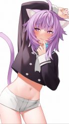 Rule 34 | 1girl, :3, ahoge, animal ear fluff, animal ears, arm up, bad id, bad pixiv id, black shirt, cat ears, cat girl, cat tail, contrapposto, cowboy shot, crop top, crop top overhang, finger to mouth, hand up, highres, hololive, hoshi usagi, long sleeves, looking away, micro shorts, midriff, navel, necktie, nekomata okayu, nekomata okayu (casual), purple eyes, purple hair, revision, shirt, short shorts, shorts, simple background, smile, solo, stomach, tail, tail raised, thighs, virtual youtuber, white background, white shorts