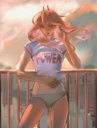 Rule 34 | 1girl, chainsaw man, closed eyes, eulbhitomi, evening, floating hair, food, hair between eyes, highres, horns, long hair, looking to the side, midriff peek, one eye closed, panties, pink hair, popsicle, power (chainsaw man), railing, red eyes, red horns, shirt, solo, underwear, white shirt