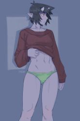 Rule 34 | 1girl, :/, artist name, black hair, brown sweater, clothes lift, collarbone, colored skin, commentary, english commentary, gluteal fold, green panties, highres, horns, ittla, lifted by self, long sleeves, looking away, navel, no pants, oni, original, panties, pointy ears, purple skin, short hair, simple background, skin-covered horns, solo, stomach, sweater, sweater lift, thick eyebrows, ume (ittla), underwear, yellow eyes