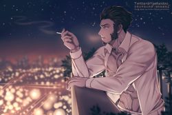 Rule 34 | 1boy, abs, arm up, beard, blue eyes, brown hair, cigarette, collarbone, facial hair, fate/grand order, fate (series), highres, holding, long sideburns, long sleeves, looking to the side, male focus, muscular, napoleon bonaparte (fate), navel, open clothes, open shirt, pants, pectorals, scar, sideburns, sky, smoke, smoking, solo, upper body, yaekaidou