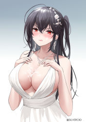 Rule 34 | 1girl, :q, absurdres, ahoge, artist name, azur lane, bare shoulders, black hair, blush, breasts, cleavage, collarbone, crossed bangs, dress, earrings, gradient background, hair between eyes, hair ornament, hands on own chest, highres, jewelry, large breasts, long hair, looking at viewer, necklace, official alternate costume, one side up, red eyes, satin clothes, satin dress, sidelocks, silveroid, simple background, sleeveless, sleeveless dress, smile, solo, suggestive fluid, taihou (azur lane), taihou (temptation on the sea breeze) (azur lane), tongue, tongue out, upper body, very long hair, wedding dress, white dress