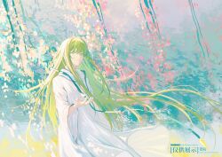 Rule 34 | 1boy, androgynous, blurry, blurry background, cherry blossoms, enkidu (fate), fate/grand order, fate (series), green eyes, green hair, light green hair, long hair, long sleeves, looking at viewer, makishimasoutat, male focus, petals, robe, solo, very long hair, white robe