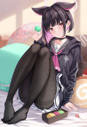 Rule 34 | 1girl, absurdres, arm support, ascot, asymmetrical hair, bed sheet, black bow, black choker, black hair, black hoodie, black pantyhose, blue archive, bow, candy, choker, collarbone, colored inner hair, convenient leg, feet, fine fabric emphasis, food, food-themed pillow, full body, grey sailor collar, hair bow, hair ornament, hairclip, hand up, head tilt, highres, holding, hood, hood down, hoodie, indoors, kazusa (blue archive), knees up, legs, legs together, lollipop, long sleeves, looking at viewer, macaron, medium hair, miniskirt, multicolored hair, no shoes, pantyhose, pillow, pink ascot, pink hair, pleated skirt, rama (yu-light8), red eyes, sailor collar, shadow, sidelocks, sitting, skirt, smile, solo, thighs, toes, white skirt