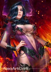 Rule 34 | 1girl, artist name, black hair, breasts, dress, fire, hair over one eye, hand on own hip, light smile, long hair, medium breasts, nail polish, navel, neoartcore, parted lips, purple dress, purple eyes, solo, thighs, wings