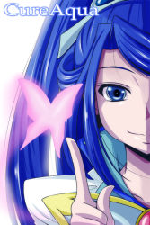 Rule 34 | 00s, 1girl, bloom, blue eyes, blue hair, brooch, bug, butterfly, character name, cure aqua, highres, insect, jewelry, long hair, magical girl, matching hair/eyes, minazuki karen, nishi koutarou, out of frame, portrait, precure, simple background, smile, solo, tiara, upper body, white background, yes! precure 5