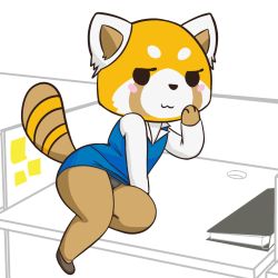 Rule 34 | 10s, 1girl, :3, aggressive retsuko, animal ears, animal hands, arm support, black eyes, black panties, blue jacket, blue skirt, blush, blush stickers, brown footwear, business suit, desk, female focus, formal, full body, furry, furry female, hand to own mouth, hand up, indoors, itsded, jacket, long sleeves, looking to the side, panties, pantyhose, pantyshot, pencil skirt, retsuko, shirt, shoes, simple background, sitting, skirt, smile, solo, suit, tail, underwear, white background, white shirt