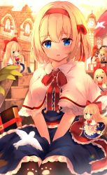 Rule 34 | 3girls, alice margatroid, architecture, bad id, bad pixiv id, blonde hair, blue eyes, blurry, blurry background, breasts, building, capelet, clock, commentary request, hair between eyes, hakurei reimu, highres, kirisame marisa, large breasts, looking at viewer, multiple girls, outdoors, pantyhose, parted lips, shanghai doll, shangurira, short hair, sitting, solo focus, sunglasses, touhou, white capelet