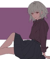 Rule 34 | 1girl, absurdres, arm support, black skirt, brown shirt, closed mouth, collared shirt, feet out of frame, from side, grey hair, highres, knee up, long sleeves, looking at viewer, looking to the side, medium hair, original, red eyes, sankomichi, shirt, sitting, skirt, smile, solo, wing collar