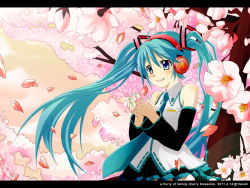 Rule 34 | 1girl, aqua eyes, aqua hair, cherry blossoms, detached sleeves, female focus, haruki (colorful macaron), hatsune miku, headphones, letterboxed, long hair, nature, necktie, outdoors, plant, sky, solo, twintails, very long hair, vocaloid