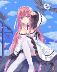 Rule 34 | 1girl, animal, azur lane, bird, blue hairband, blue sky, boots, breasts, cleavage, closed mouth, cloud, commentary request, day, detached sleeves, dress, frilled dress, frilled hairband, frills, hair between eyes, hairband, long hair, long sleeves, looking at viewer, medium breasts, outdoors, owl, panties, perseus (azur lane), petals, photoshop (medium), pink eyes, pink hair, revision, rooftop, sitting, sky, sleeves past wrists, solo, strapless, strapless dress, thigh boots, thighhighs, tukino neru, underwear, very long hair, white dress, white footwear, white panties, white sleeves, white thighhighs, wide sleeves