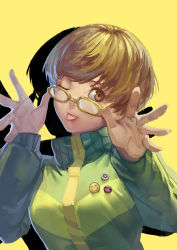 Rule 34 | 1girl, ;p, adjusting eyewear, badge, brown eyes, brown hair, button badge, club3, glasses, highres, jacket, megami tensei, one eye closed, persona, persona 4, satonaka chie, shadow, shin megami tensei, short hair, simple background, smiley face, solo, tongue, tongue out, upper body, wink, yellow-framed eyewear, yellow background