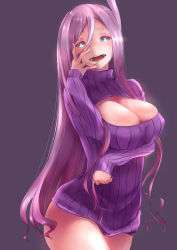 Rule 34 | 1girl, :d, absurdres, black background, blue eyes, blush, breasts, cleavage, cleavage cutout, clothing cutout, commentary request, hair between eyes, hand on own face, head tilt, highres, huge breasts, long hair, looking at viewer, lun7732, meme attire, mole, mole under eye, open-chest sweater, open mouth, purple hair, purple sweater, ribbed sweater, sleeves past wrists, smile, solo, sweater, tower of saviors, turtleneck, turtleneck sweater, valkyrie (tower of saviors), very long hair
