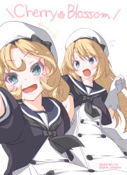 Rule 34 | 2girls, black neckwear, blonde hair, blue eyes, blue sailor collar, cowboy shot, dated, dragging, dress, el (canon jihad), gloves, hat, janus (kancolle), jervis (kancolle), kantai collection, long hair, looking at viewer, multiple girls, open mouth, parted bangs, sailor collar, sailor dress, sailor hat, short hair, short sleeves, simple background, twitter username, upper body, white background, white dress, white gloves, white headwear