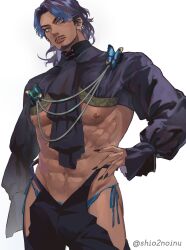 Rule 34 | 1boy, abs, ascot, bara, blue butterfly, blue hair, blue panties, bug, butterfly, butterfly brooch, check copyright, copyright request, crossdressing, dark-skinned male, dark blue hair, dark skin, fabulous, facial hair, feet out of frame, fingernails, fujishiraji (shio2noinu), goatee, gradient hair, head tilt, highres, insect, large pectorals, looking at viewer, male focus, mature male, multicolored hair, muscular, muscular male, mustache, navel, nipples, original, panties, pectorals, purple hair, sharp fingernails, short hair, shrug (clothing), sideburns, solo, stomach, thick eyebrows, thick thighs, thighs, underpec, underwear, yellow eyes