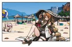 Rule 34 | &gt; &lt;, 4girls, animal ears, anklet, arknights, ball, barefoot, beach, beach chair, beach mat, black shorts, blue hair, blue sky, border, braid, breasts, building, center opening, ch&#039;en (arknights), ch'en (arknights), choker, cleavage, collarbone, commentary, crab, day, dragon girl, dragon horns, dragon tail, drill hair, drill sidelocks, ears through headwear, fang, female tourist c (arknights), flower, green eyes, green hair, green nails, hair flower, hair ornament, hairclip, hand fan, head bump, high heels, holding, holding fan, horns, horns through headwear, hoshiguma (arknights), jewelry, jumping, kuroinu9, large breasts, lin (arknights), long hair, looking at viewer, lying, medium breasts, mountain, mountainous horizon, mouse ears, mouse girl, mouse tail, multiple girls, ocean, official alternate costume, on stomach, one eye closed, outdoors, pink hair, ringlets, sandals, shorts, side drill, sidelocks, single horn, sitting, skin-covered horns, skin fang, sky, soles, starfish, swire (arknights), swire the elegant wit (arknights), symbol-only commentary, tail, tank top, thatched roof, thigh strap, tiger ears, tiger girl, twin braids, volleyball, volleyball (object)