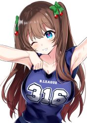 Rule 34 | .live, 1girl, ;d, arm up, armpits, bad id, bad pixiv id, bare arms, bare shoulders, blue eyes, blue shirt, blush, bow, breasts, brown hair, clothes writing, collarbone, green bow, grin, hair bow, head tilt, jersey, kakyouin chieri, large breasts, long hair, looking at viewer, motsunuki, one eye closed, open mouth, shirt, sidelocks, simple background, sleeveless, sleeveless shirt, smile, solo, sportswear, sweat, symbol-shaped pupils, two side up, upper body, virtual youtuber, white background
