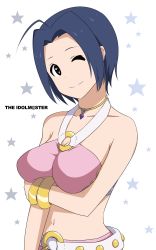 Rule 34 | 1girl, ahoge, bare shoulders, belt, blue hair, bracelet, breast hold, breasts, cleavage, copyright name, halterneck, halterneck, highres, idolmaster, idolmaster (classic), jewelry, large breasts, looking at viewer, lots of jewelry, midriff, miura azusa, navel, necklace, o-ring, o-ring top, one eye closed, pendant, pink diamond 765, red eyes, short hair, smile, solo, star (symbol), tonotyama, wink