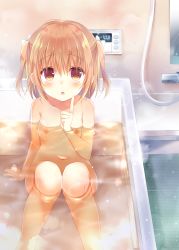 Rule 34 | 1girl, :o, arm support, bathing, bathroom, blush, breasts, brown eyes, brown hair, collarbone, feet out of frame, fingernails, hair between eyes, hair ribbon, highres, index finger raised, indoors, long hair, looking at viewer, mirror, navel, nipples, nude, original, parted lips, partially submerged, ribbon, shiiba nae, sitting, small breasts, solo, tile floor, tiles, two side up, water, wet, white ribbon