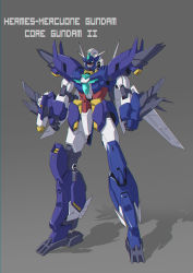 Rule 34 | absurdres, aqua eyes, character name, chinese commentary, clenched hands, clotho matcha, commentary, english commentary, grey background, gundam, gundam build divers, gundam build divers re:rise, gunpla, highres, mecha, mercuone gundam, mixed-language commentary, model kit, no humans, original, redesign, robot, solo, standing, v-fin