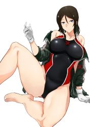 Rule 34 | 1girl, absurdres, arm support, barefoot, black hair, black jacket, black one-piece swimsuit, blue eyes, breasts, commentary, emblem, girls und panzer, gloves, half-closed eyes, highres, jacket, large breasts, leaning to the side, long hair, looking at viewer, nokogiriotoko, nonna (girls und panzer), off shoulder, one-piece swimsuit, open clothes, open jacket, pravda (emblem), simple background, sitting, skindentation, solo, swept bangs, swimsuit, white background, white gloves