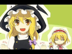 Rule 34 | 2girls, :d, = =, alice margatroid, bad id, bad pixiv id, blonde hair, clenched hands, female focus, hairband, hat, kirisame marisa, letterboxed, long hair, meimone, multiple girls, open mouth, ribbon, shanghai doll, short hair, smile, touhou, witch, witch hat, yellow eyes