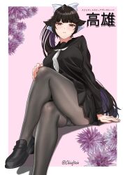 Rule 34 | 1girl, absurdres, artist name, azur lane, black footwear, black hair, black pantyhose, black sailor collar, black serafuku, blush, border, bow, breasts, brown eyes, chieftain art13, colored inner hair, crossed legs, eyelashes, flower, foot out of frame, hair bow, hair ribbon, highres, knee up, large breasts, legs, loafers, long hair, long sleeves, looking at viewer, miniskirt, multicolored hair, neckerchief, official alternate costume, pantyhose, parted lips, pink background, pleated skirt, ponytail, purple flower, purple hair, ribbon, sailor collar, school uniform, see-through, see-through legwear, serafuku, shadow, shoes, skindentation, skirt, solo, takao (azur lane), takao (school romanza) (azur lane), thigh strap, thighs, twitter username, very long hair, white border, white bow, white neckerchief, white ribbon