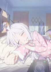 Rule 34 | 1girl, absurdres, applepie (12711019), bed sheet, blue archive, blush, cellphone photo, clothes hanger, demon horns, demon wings, dress, grey hair, highres, hina (blue archive), hina (pajamas) (blue archive), horns, indoors, lying, on bed, on side, open mouth, pillow, pink dress, polka dot, polka dot dress, sleeping, solo, wings