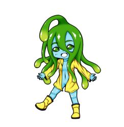 Rule 34 | 10s, 1girl, :d, ahoge, aoba kino, blue skin, boots, chibi, coat, colored skin, full body, green eyes, green hair, huge ahoge, long hair, matching hair/eyes, monster girl, monster musume no iru nichijou, naked coat, naked raincoat, navel, open clothes, open coat, open mouth, raincoat, rubber boots, simple background, slime girl, smile, solo, suu (monster musume), tentacle hair, white background, yellow footwear