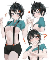 Rule 34 | !, 1girl, 3:, :d, :o, ?, @ @, absurdres, aqua eyes, aqua shirt, bad id, bad pixiv id, black hair, black shorts, blush, breasts, cleavage, collared shirt, cowboy shot, crop top, cropped torso, ear piercing, embarrassed, flying sweatdrops, hands up, heart, highres, kyoro ina, looking at viewer, medium breasts, messy hair, multiple views, navel, no bra, open mouth, original, piercing, shirt, short hair, short shorts, short sleeves, shorts, sideboob, simple background, smile, stomach, suspender shorts, suspenders, upper body, v, w arms, white background