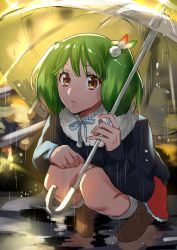 Rule 34 | 1girl, alternate costume, boots, green hair, hair ornament, highres, holding, holding umbrella, looking at viewer, macross, macross frontier, orange eyes, outdoors, pote-mm, puddle, rain, ranka lee, short hair, solo, squatting, umbrella, water