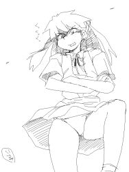 Rule 34 | 1girl, ass, bare legs, clothes lift, crossed arms, feet out of frame, grin, isami meena, long hair, looking at viewer, neon genesis evangelion, panties, ribbon, school uniform, short sleeves, simple background, sketch, skirt, skirt lift, smile, solo, souryuu asuka langley, suspender skirt, suspenders, thong, tsundere, twintails, two side up, underwear, very long hair, white background, wide hips