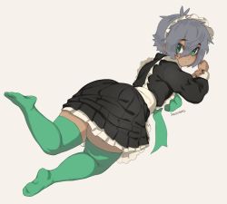 Rule 34 | apron, ass, ass focus, black dress, dress, from behind, green eyes, green thighhighs, grey hair, lying, maid apron, maid headdress, on stomach, original, sandcasks, skindentation, thick thighs, thighhighs, thighs