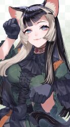 Rule 34 | 1girl, absurdres, animal ears, black gloves, black hair, blue eyes, cat ears, choker, dress, gloves, green dress, grey hair, highres, hololive, hololive dev is, juufuutei raden, lace, lace choker, long hair, multicolored hair, murechika, paw pose, smile, two-tone hair, virtual youtuber