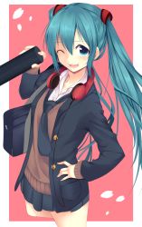 Rule 34 | 1girl, absurdres, aqua eyes, aqua hair, blazer, hand on own hip, hatsune miku, headphones, headphones around neck, highres, jacket, long hair, looking at viewer, one eye closed, open mouth, school uniform, skirt, solo, sukage, sweater, tears, twintails, vocaloid