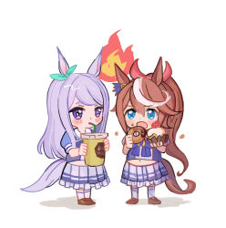 Rule 34 | 2girls, animal ears, blue eyes, blush, bow, brown hair, chibi, cup, cupcake, disposable cup, doughnut, ear bow, fire, food, full stomach, highres, holding, holding cup, holding food, horse ears, horse girl, horse tail, long hair, mejiro mcqueen (umamusume), multicolored hair, multiple girls, navel, nose blush, open mouth, ponytail, purple hair, purple shirt, sailor collar, school uniform, shirt, shoes, simple background, skirt, socks, standing, streaked hair, tail, tokai teio (umamusume), tracen school uniform, umamusume, white background, white socks, yoshida (ne)