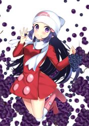 Rule 34 | 1girl, bad id, bad twitter id, blue hair, boots, bow, coat, coat dress, creatures (company), dawn (pokemon), floating hair, food, fruit, game freak, grapes, hat, highres, knee boots, long hair, long sleeves, looking at viewer, nintendo, pink bow, poke ball print, pokemon, pokemon dppt, print headwear, purple eyes, red coat, scarf, solo, thigh boots, thighhighs, very long hair, white background, white hat, white scarf, white thighhighs, winter clothes, winter coat, yuihico