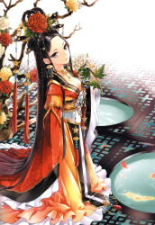 Rule 34 | 1girl, antlers, black hair, blue eyes, blush, breasts, chinese clothes, cleavage, cocoon (loveririn), earrings, expressionless, fish, flower, goldfish, hair rings, hanfu, highres, horns, japanese clothes, jewelry, kimono, lips, long hair, long sleeves, looking at viewer, obi, robe, sash, tree, very long hair, water, wide sleeves