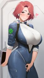 Rule 34 | 1girl, absurdres, blush, bodysuit, breasts, closed mouth, clover, clover (flower), clover print, door, dwayne hakkai 2, flower, fortune (last origin), four-leaf clover, heart, heart-shaped pupils, highres, huge breasts, last origin, looking at viewer, mechanical arms, ok sign, pantyhose, parted bangs, pocket, red hair, seductive smile, shirt, short hair, single mechanical arm, smile, symbol-shaped pupils, tablet pc, tight clothes, tight shirt, white shirt