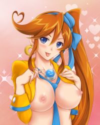 Rule 34 | 1girl, :p, ace attorney, athena cykes, ayatsuji reina (chiao), bad id, bad pixiv id, between breasts, blue eyes, blue necktie, blush, breasts, brown hair, hair between eyes, heart, highres, jacket, jewelry, large breasts, long hair, looking at viewer, necklace, necktie, necktie between breasts, nipples, open clothes, open jacket, orange hair, phoenix wright: ace attorney - dual destinies, side ponytail, smile, solo, tongue, tongue out, upper body