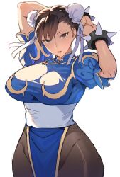 Rule 34 | 1girl, arms behind head, breasts, brown hair, capcom, chinese clothes, chun-li, double bun, hair bun, half-closed eyes, highres, large breasts, legs, pantyhose, parted lips, seductive gaze, solo, street fighter, thick thighs, thighs, wide hips