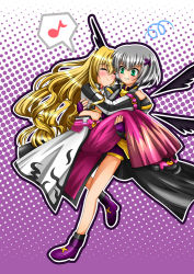 Rule 34 | 2girls, blonde hair, blush, boots, carrying, divinebuster12, embarrassed, closed eyes, green eyes, grey hair, hug, jacket, long hair, lyrical nanoha, mahou shoujo lyrical nanoha, mahou shoujo lyrical nanoha a&#039;s, mahou shoujo lyrical nanoha a&#039;s portable: the gears of destiny, lord dearche, midriff, multiple girls, multiple wings, musical note, pants, princess carry, short hair, skirt, smile, yuri eberwein, very long hair, wings