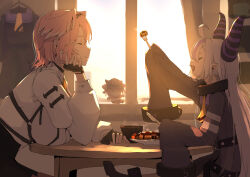 Rule 34 | 2girls, ^ ^, ahoge, black gloves, blush, bowl, breast rest, breasts, breasts on table, character doll, closed eyes, fingerless gloves, flat chest, fork, gloves, grey hair, hamburger steak, head wings, highres, holding, holding fork, holding knife, hololive, horns, knife, la+ darknesss, large breasts, long hair, mitsuru (pixiv 34028718), multicolored hair, multiple girls, open mouth, pink hair, purple hair, short hair, sleeves past wrists, smile, steam, takane lui, tokoyami towa, two-tone hair, virtual youtuber, wings