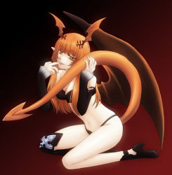 Rule 34 | 1girl, asymmetrical clothes, breasts, cleavage, demon girl, detached sleeves, female focus, full body, gradient background, high heels, horns, kneeling, licking, licking finger, long hair, lord of vermilion, navel, orange hair, pointy ears, r ayase68, shoes, single wing, solo, succubus (lord of vermilion), tail, tongue, wings