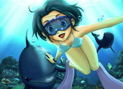 Rule 34 | 1girl, bikini, black hair, bubble, coral, diving, dolphin, fins, freediving, goggles, nature, non-web source, ocean, short hair, smile, solo, swimming, swimsuit, tsune (artist), tsune (dreamers express), underwater, water