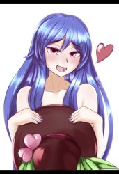 Rule 34 | 1girl, blue hair, blue nails, blush, cafeier, censored, collarbone, covering privates, eyebrows, eyeshadow, food, fruit, hat, heart, highres, hinanawi tenshi, holding, holding clothes, holding hat, letterboxed, long hair, looking at viewer, makeup, nail polish, nude, open mouth, peach, simple background, solo, touhou, white background